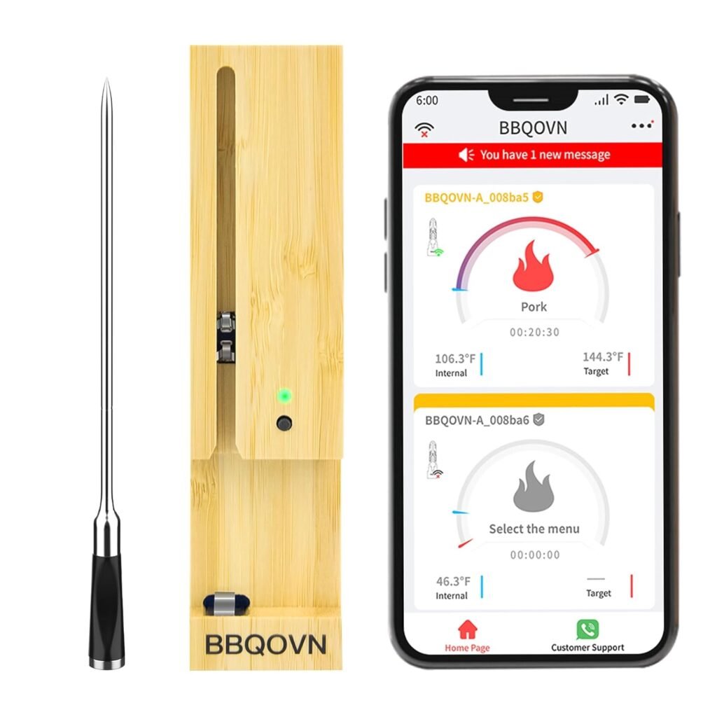 Smart Wireless Meat Thermometer 3.9mm Ultra-Thin 777FT Range Remote Bluetooth Meat Thermometer, Food Thermometer for BBQ Grill, Oven,Smoker Rotisserie | iOS  Andorid APP(1, Black, Small)