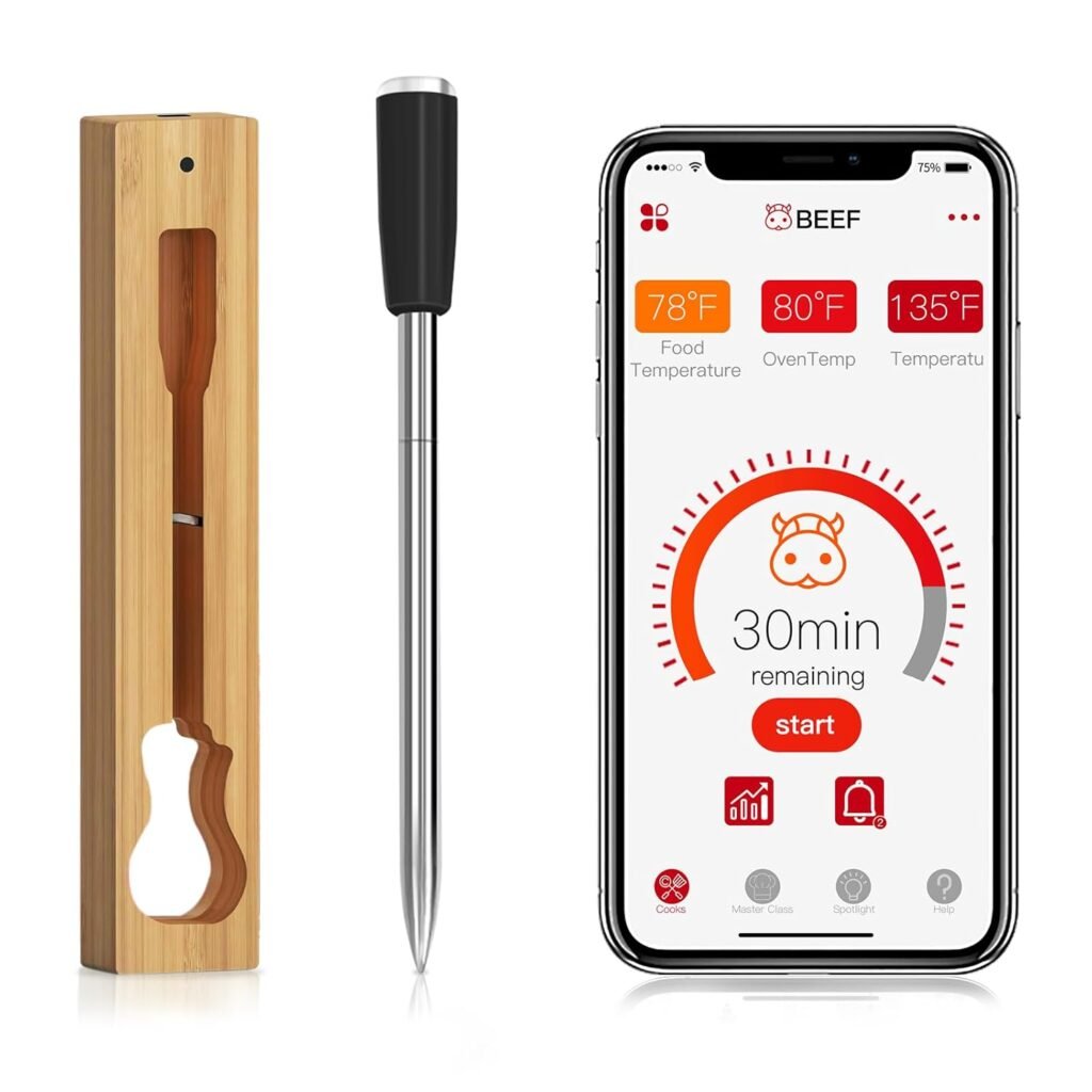 Smart Wireless Meat Thermometer, Bluetooth Meat Thermometer Wireless with App-Enabled Technology for BBQ, Grill, Oven, Smoker, Perfect for Steak, Chicken, Turkey | Dishwasher Safe