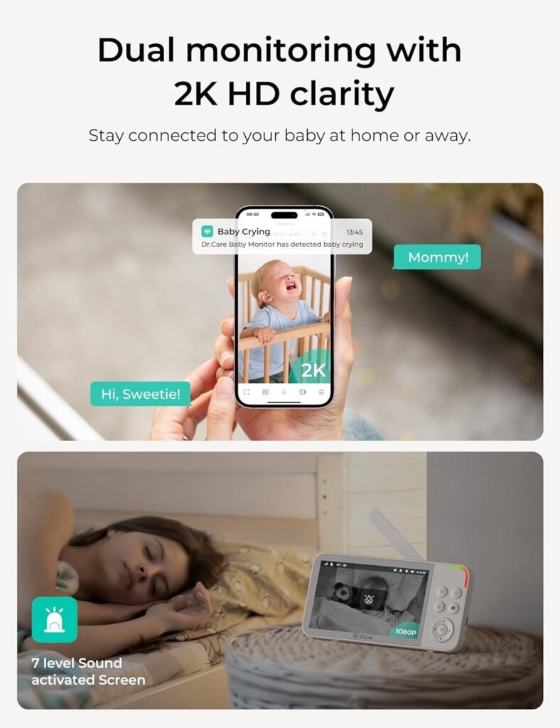VistaView Smart WiFi Baby Monitor with 2 Cameras- 5” 1080P Split Screen  2K Camera App Control, Cry  Motion Alerts, Night Vision, 5000mAh Battery, 2-Way Talk, Triple Security, 1279ft Range