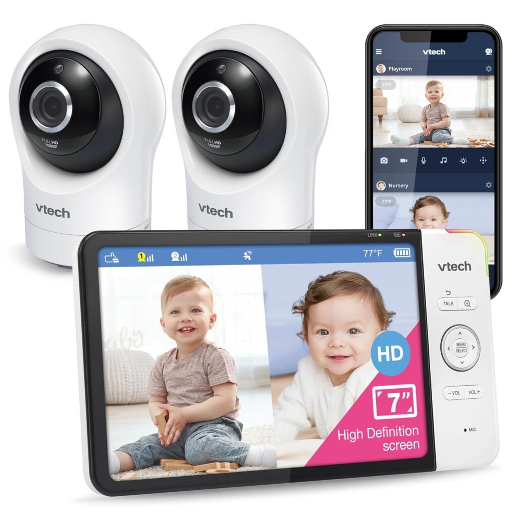 VTech RM7764-2HD 1080p Smart WiFi Remote Access 2Camera BabyMonitor, 360° PanTilt, 10X Zoom, 7” 720p HD Display  NightVision, Soothing Sounds, 2-Way Talk, TemperatureMotion Detection, iOSAndroid