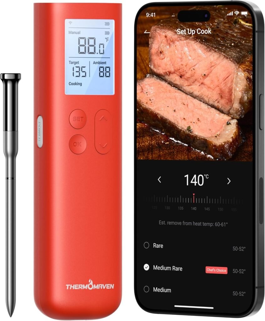 Wireless Meat Thermometer, 10X Enhanced Signal and Stability with Sub-1G, Standalone Base with Display Control, Certified Accuracy ±0.5°F, WiFi Unlimited Range for BBQ, Oven,Smoker,Grill Wireless Meat Thermometer, 10X Enhanced Signal and Stability with Sub-1G, Standalone Base with Display Control, Certified Accuracy ±0.5°F, WiFi Unlimited Range for BBQ, Oven,Smoker,Grill