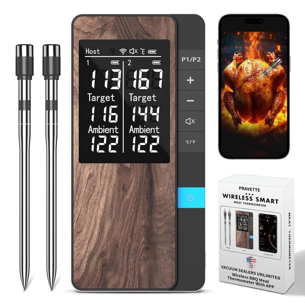 Wireless Meat Thermometer-Multi Sensors Digital Food Thermometer with Ultra-Thin Probes, AppHost Control- Accuracy Bluetooth Meat Thermometer for BBQ, Oven, Grill, Smoker