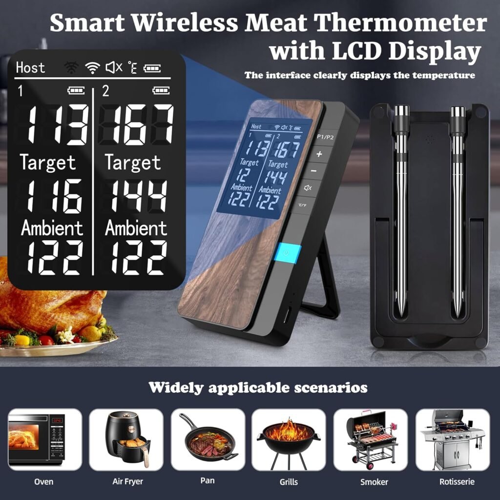 Wireless Meat Thermometer-Multi Sensors Digital Food Thermometer with Ultra-Thin Probes, AppHost Control- Accuracy Bluetooth Meat Thermometer for BBQ, Oven, Grill, Smoker