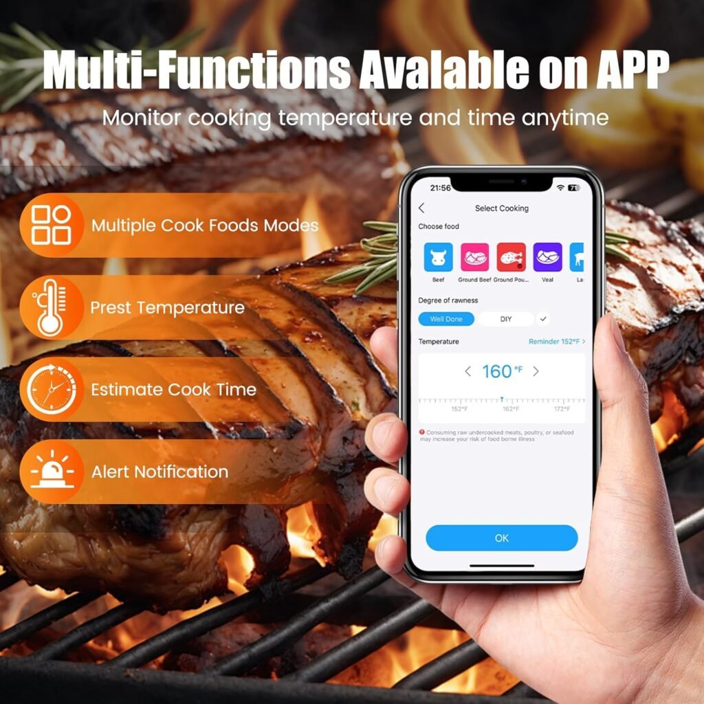 ChefLab Smart Wireless Meat Thermometer with Bluetooth  Multifunctional APP-Enabled, 500FT Bluetooth Meat Thermometer for Kitchen Cooking BBQ, Smoker, Rotisserie, Gas Oven, Grill