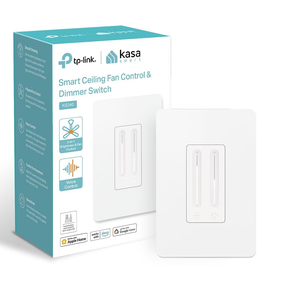 Kasa Smart Ceiling Fan Control  Dimmer Switch | Adjustable 4-Speed Fan  Brightness Control | Works w/Apple HomeKit, Alexa  Google Home | 2.4G Wi-Fi Only, Single Pole, Neutral Wire Required | KS240