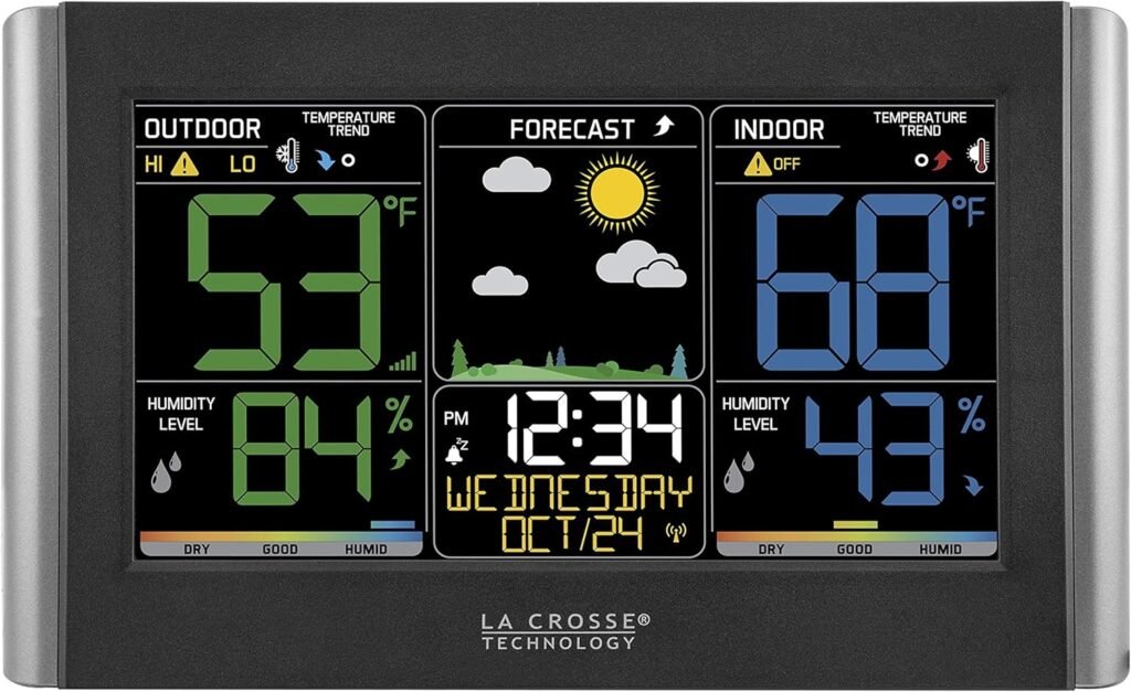 La Crosse Technology Weather Station with Customizable Alerts, Weather Forecast, Temperature, Dew Point, Humidity, Time, Heat Index, Large Display, Adjustable Brightness, Wireless, Black, C85845-INT La Crosse Technology Weather Station with Customizable Alerts, Weather Forecast, Temperature, Dew Point, Humidity, Time, Heat Index, Large Display, Adjustable Brightness, Wireless, Black, C85845-INT