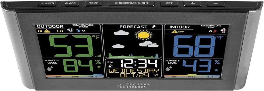 La Crosse Technology Weather Station with Customizable Alerts, Weather Forecast, Temperature, Dew Point, Humidity, Time, Heat Index, Large Display, Adjustable Brightness, Wireless, Black, C85845-INT La Crosse Technology Weather Station with Customizable Alerts, Weather Forecast, Temperature, Dew Point, Humidity, Time, Heat Index, Large Display, Adjustable Brightness, Wireless, Black, C85845-INT