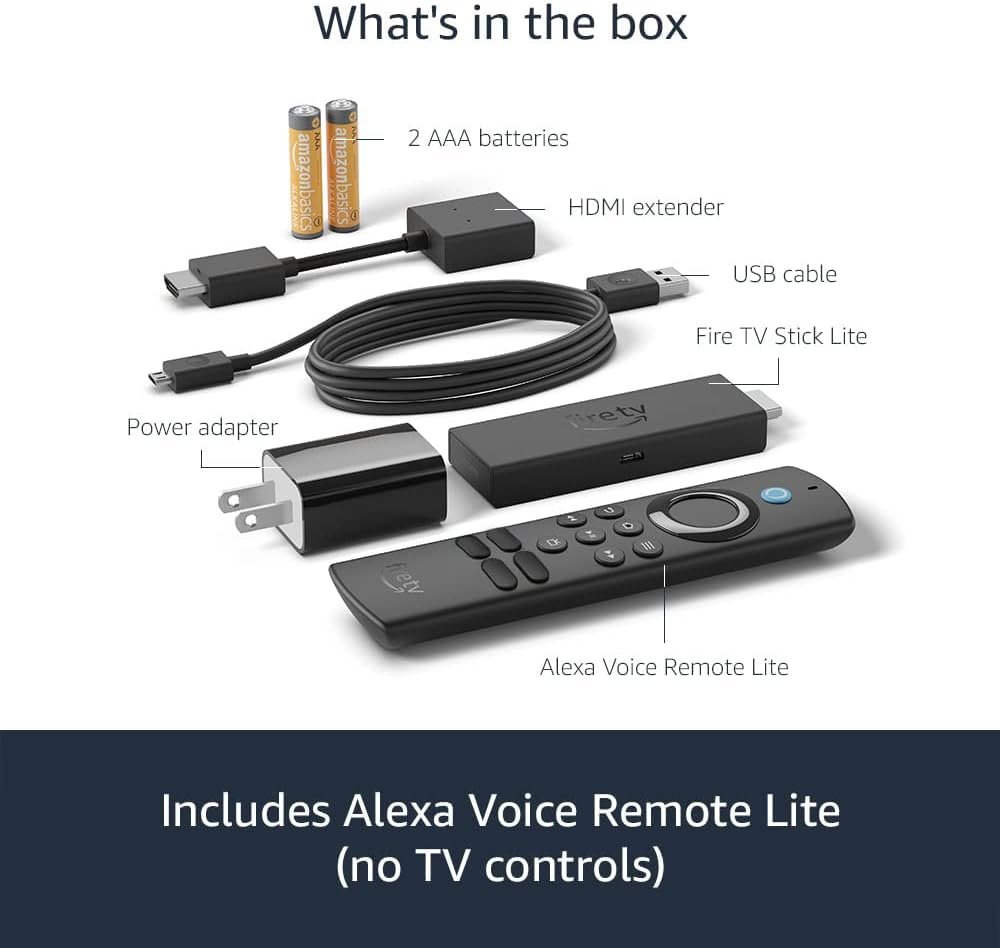 Like-New Fire TV Stick Lite, free and live TV, Alexa Voice Remote Lite, smart home controls, HD streaming