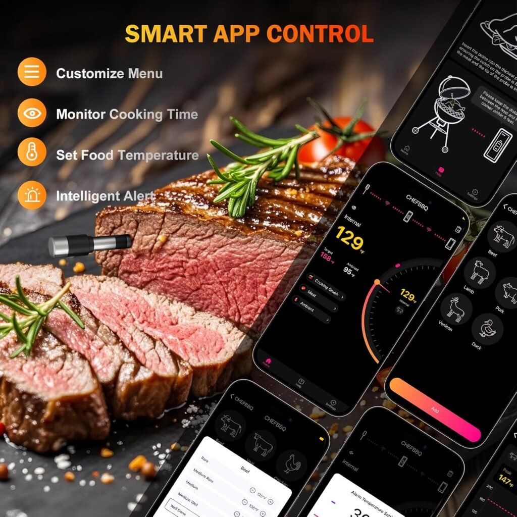 Meat Thermometer Wireless, 800FT Bluetooth Digital Thermometer with Smart APP, Temp Precise Improved by 100%, Instant Read Food Thermometer with Alerts for Oven Smoker BBQ Grill