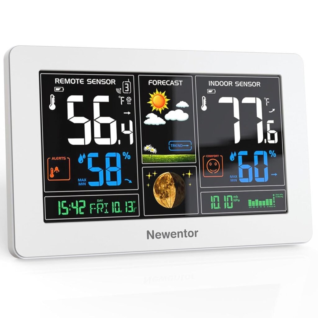 Newentor Weather Station Wireless Indoor Outdoor Thermometer, Color Display Digital Weather Thermometer with Atomic Clock, Barometric Pressure, Forecast Station with Adjustable Backlight, Black