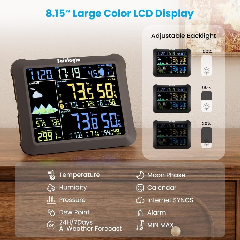 Sainlogic Wireless Weather Station with Atomic Clock, 8.3 Large Easy to Read Screen  Indoor Outdoor Sensor for Temperature, Humidity, Weather Forecast  Alarm(No WiFi)