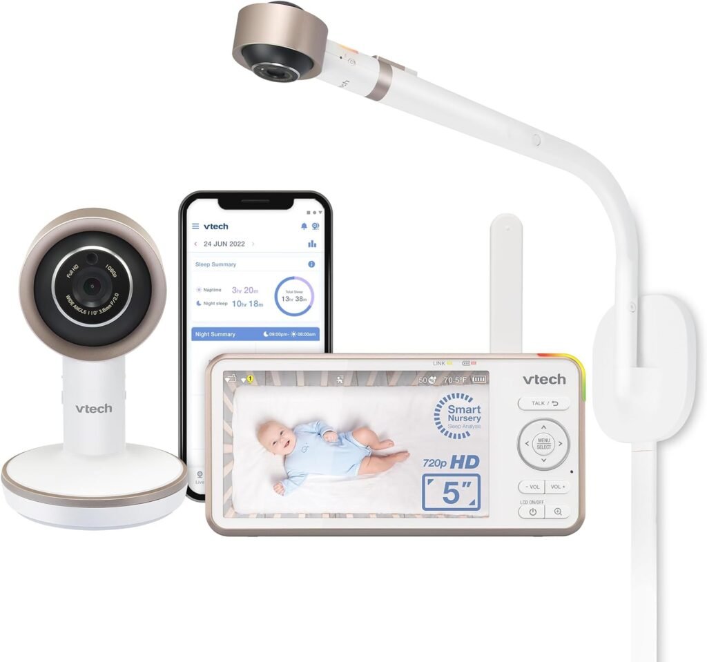 VTech V-Care VC2105 1080p FHD Over-The Crib Mount Smart Baby Monitor 5” 720p LCD Screen,Table Stand,Remote Access,Versatile Placement,Intelligence Detection, Sleep Analysis,18hrs Recording,with WiFi