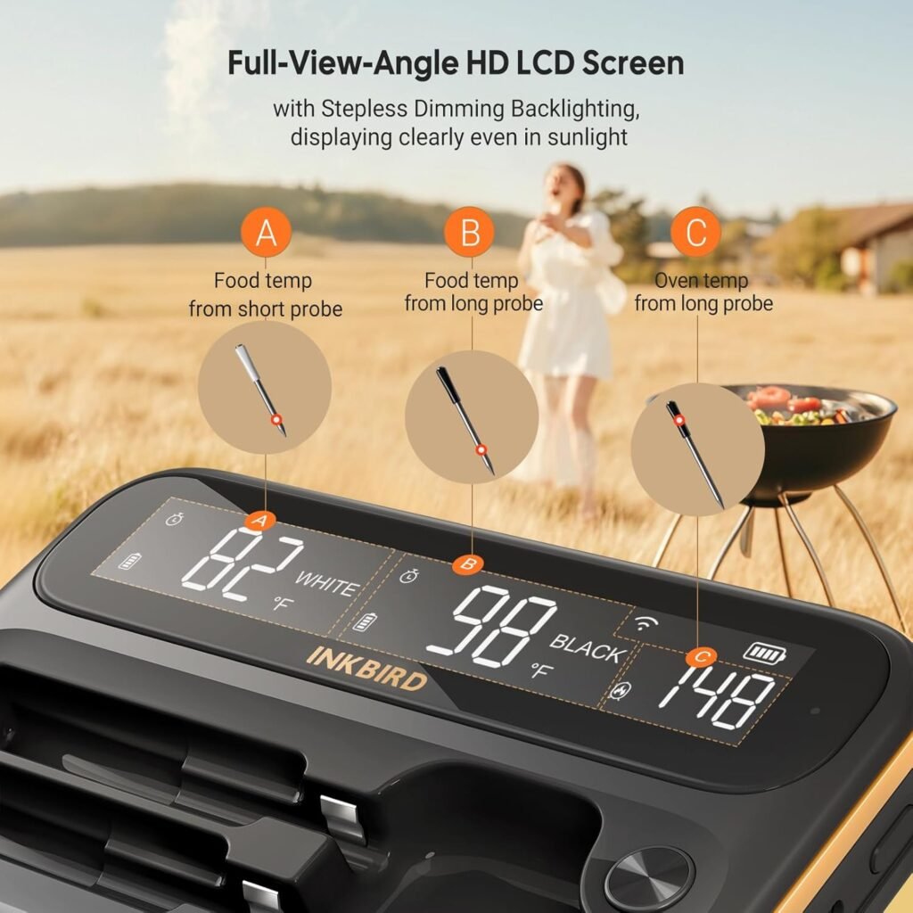 5GHz  2.4GHz WiFi Wireless Meat Thermometer, Inkbird WiFi  Bluetooth Thermometer with 2 Size-Coded Probes and Unlimited Range,Bluetooth 5.4 Meat Thermometer with 360° Readable LCD-Enhanced Booster