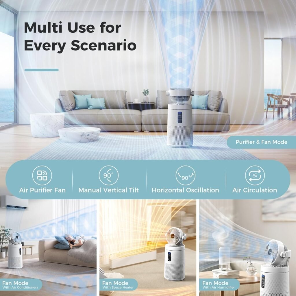AROEVE Air Purifiers Fan for Home Large Room With 2-In-1 Air Circulator Fan System And Smart WIFI Cover 1980 Sq.Ft Oscillating Air Purifier With Washable Filter For Indoor Whole Home, MK08W-Space Gray