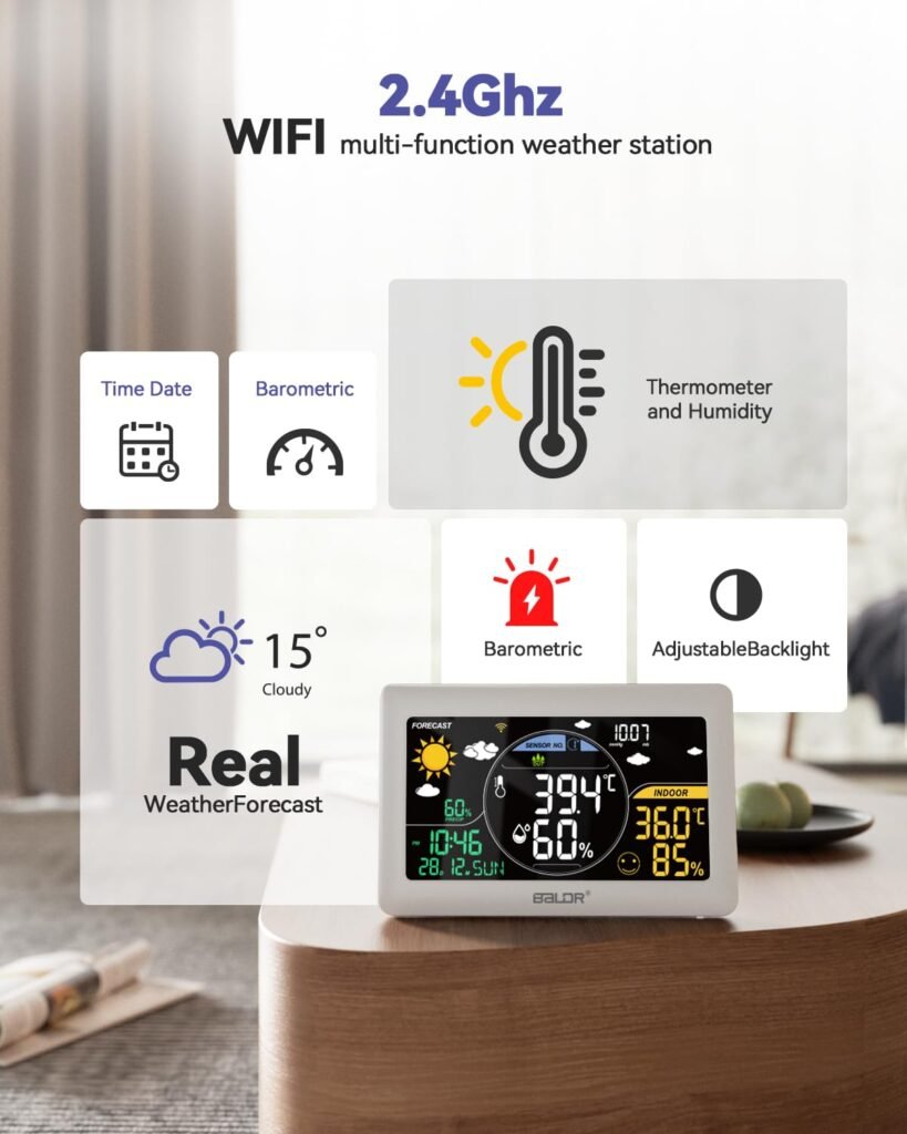 BALDR Weather Station Wireless Indoor Outdoor,7.5 inch Large Color Display Wireless Weather Station with 3 Wireless Sensors, WiFi Weather Station with APP with Real Time Internet Forecast