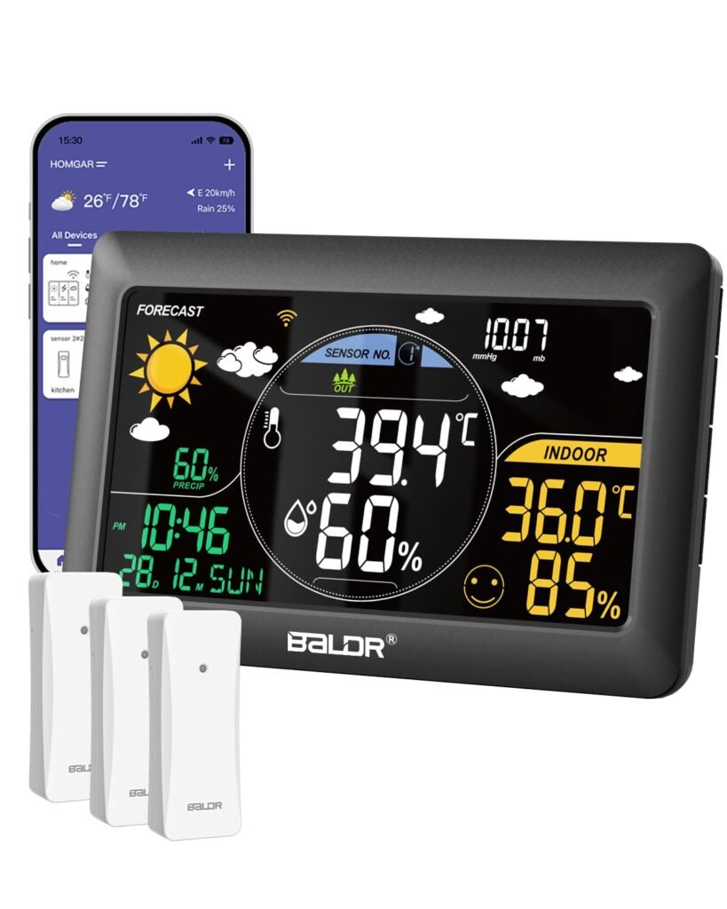 BALDR Weather Station Wireless Indoor Outdoor,7.5 inch Large Color Display Wireless Weather Station with 3 Wireless Sensors, WiFi Weather Station with APP with Real Time Internet Forecast