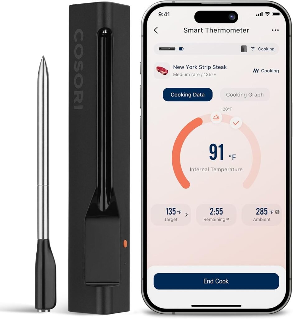 COSORI Wireless Meat Thermometer Digital, Bluetooth Food Thermometer for Grill, Smoker, Oven, Air Fryer for Turkey, Chicken, Steak, Gifts for Men, 90+ Recipes in Free App COSORI Wireless Meat Thermometer Digital, Bluetooth Food Thermometer for Grill, Smoker, Oven, Air Fryer for Turkey, Chicken, Steak, Gifts for Men, 90+ Recipes in Free App