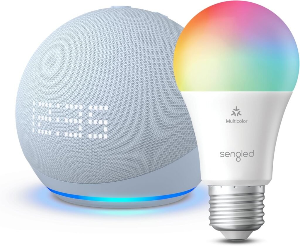 Echo Dot (5th Gen) with Clock | Cloud Blue with Sengled Smart Color Bulb