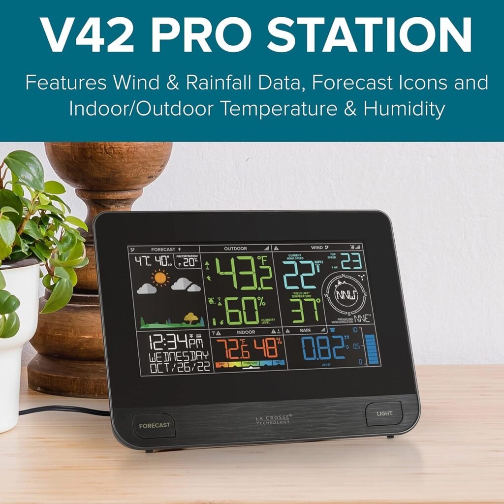 La Crosse Technology Professional Smart Wi-Fi Weather Station with Remote Monitoring (400 Foot Range), Wind and Rain Gauges, Temperature and Humidity Sensors, and Forecasting - V42-PRO-INT