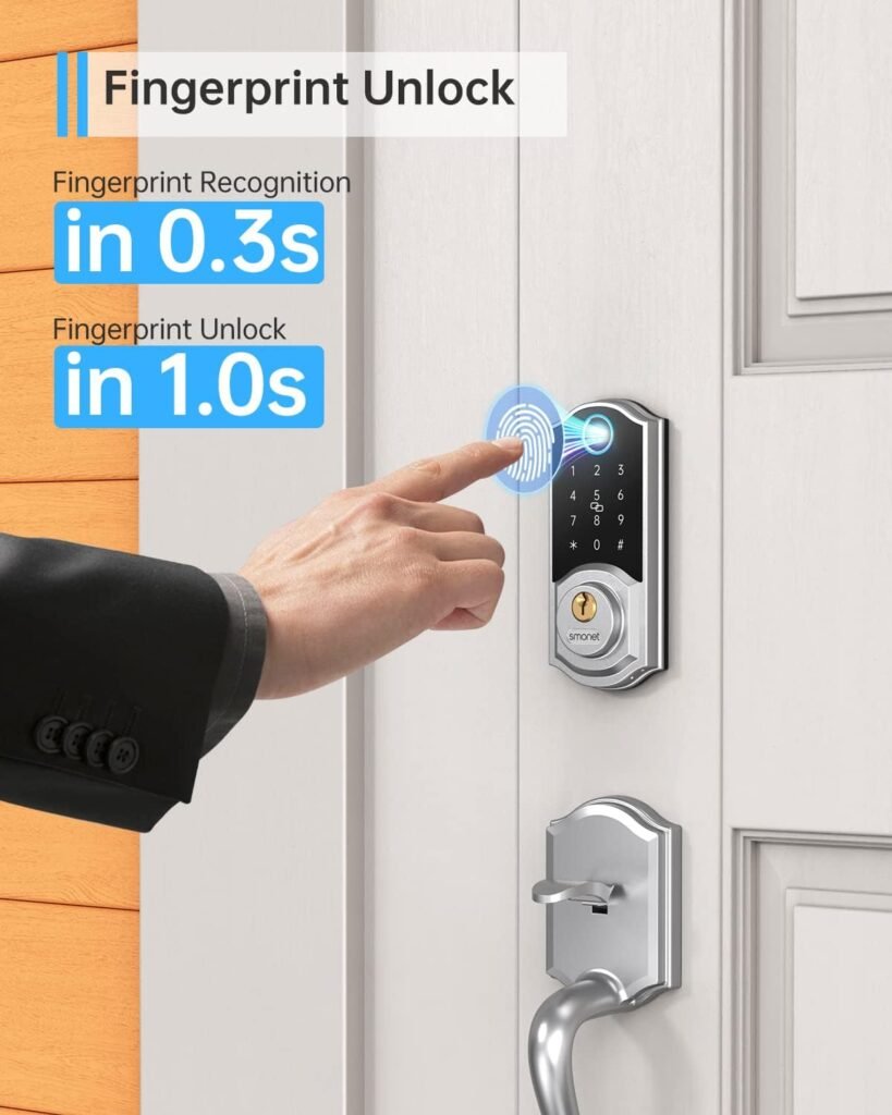 Smart Lock Front Door, SMONET Keyless Entry Door Lock with Handle, Smart Front Door Lock Set Fingerprint Smart Deadbolt Bluetooth Electronic Digital Keypad Lock, Auto Lock Work with Alexa, Black
