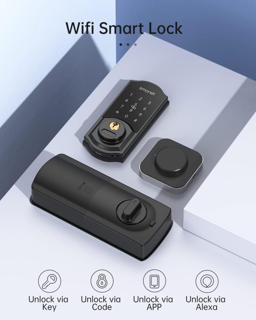Smart Lock Front Door, SMONET Keyless Entry Door Lock with Handle, Smart Front Door Lock Set Fingerprint Smart Deadbolt Bluetooth Electronic Digital Keypad Lock, Auto Lock Work with Alexa, Black