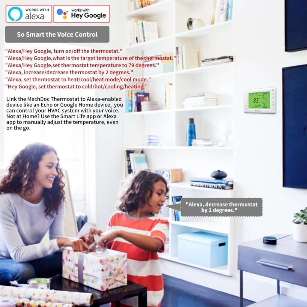 Smart Thermostat, Compatible with Alexa and Google Assistant, 7 Day Programmable WiFi Thermostat for Single Stage 1 Heat/1 Cool HVAC, APP  Voice Control, 24VAC Power, C-Wire Required, White