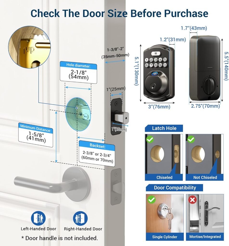 Veise Fingerprint Door Lock, Keyless Entry, Auto Lock, Electronic Keypad Deadbolt for Front Door, Biometric, Anti-Peeking Password, Easy Install, Matte Black