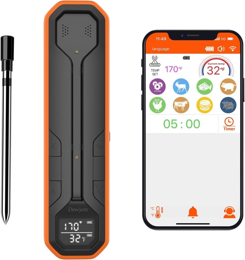 Wireless Meat Thermometer – Digital Cooking Thermometer with Wireless Probe – 500Ft Remote Range Food Thermometer – with iOS  Android Read App -Preprogrammed Temperatures for BBQ, Oven, Grill