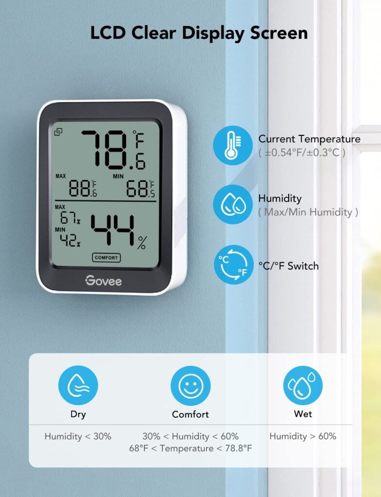 Govee Hygrometer Thermometer H5075, Bluetooth Indoor Room Temperature Monitor Thermometer with Remote App Control, Notification Alerts, 2 Years Data Storage Export(Only Supports 164ft Bluetooth Range)