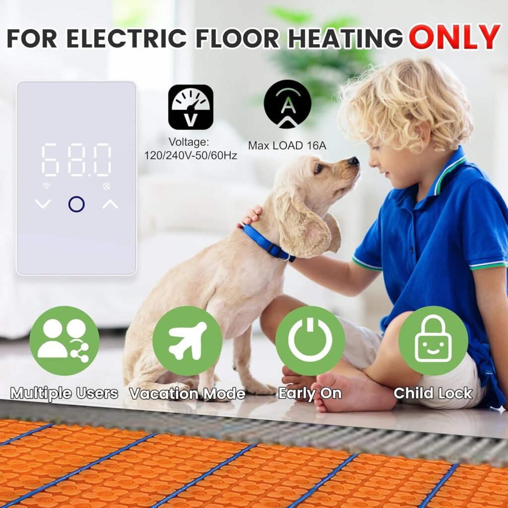 MAXKOSKO 2Pcs WiFi Smart Thermostat for Electric Floor Warming System with Touchscreen LED Display 120V/240V, Easy Connection  Energy Saving Home Programmable White Thermostat