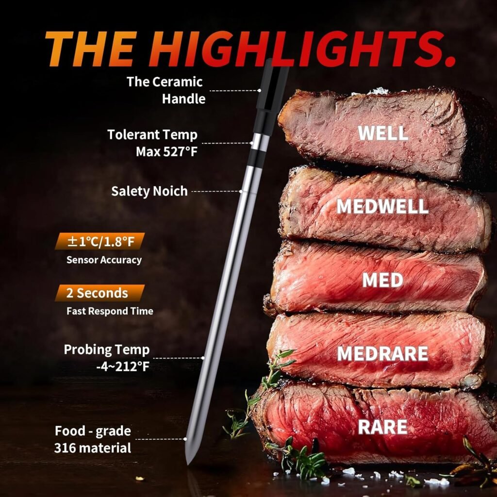 Meat Thermometer Digital Wireless, 800FT Long Range Bluetooth Cooking Thermometer, Food Thermometer for Remote Monitoring of Grill, Oven, Smoker, Air Fryer, Rotisserie, iOS  Android App