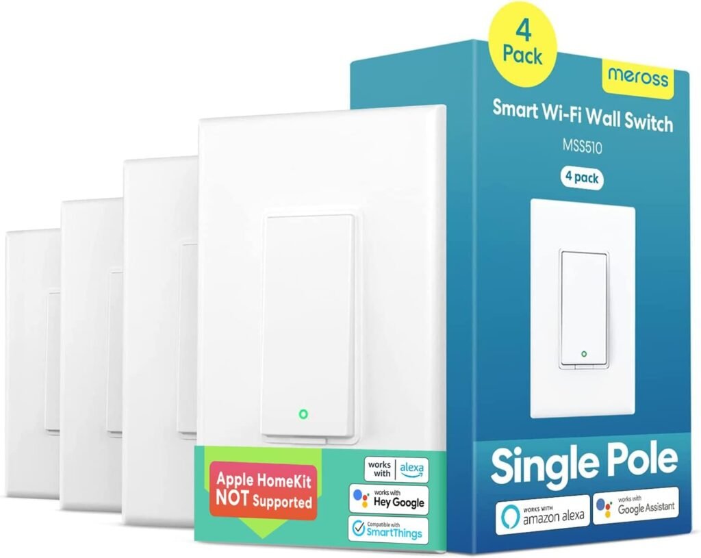 meross Smart Light Switch Compatible with Alexa, Google Assistant and SmartThings, Needs Neutral Wire, Single Pole WiFi Wall Switch, Remote Control, Schedules, No Hub Needed, 2.4G Only, 4 Pack