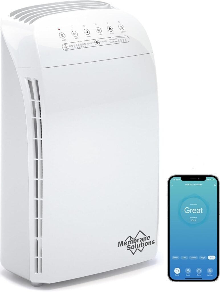 MSA3S Smart Air Purifier for Bedroom, Membrane Solutions Alexa Air Purifiers for Home Large Room With AQI, Auto Mode  H13 HEPA Filter, Pet Air Purifiers Remove 99.97% Allergen Dust Odor Smoke Pollen