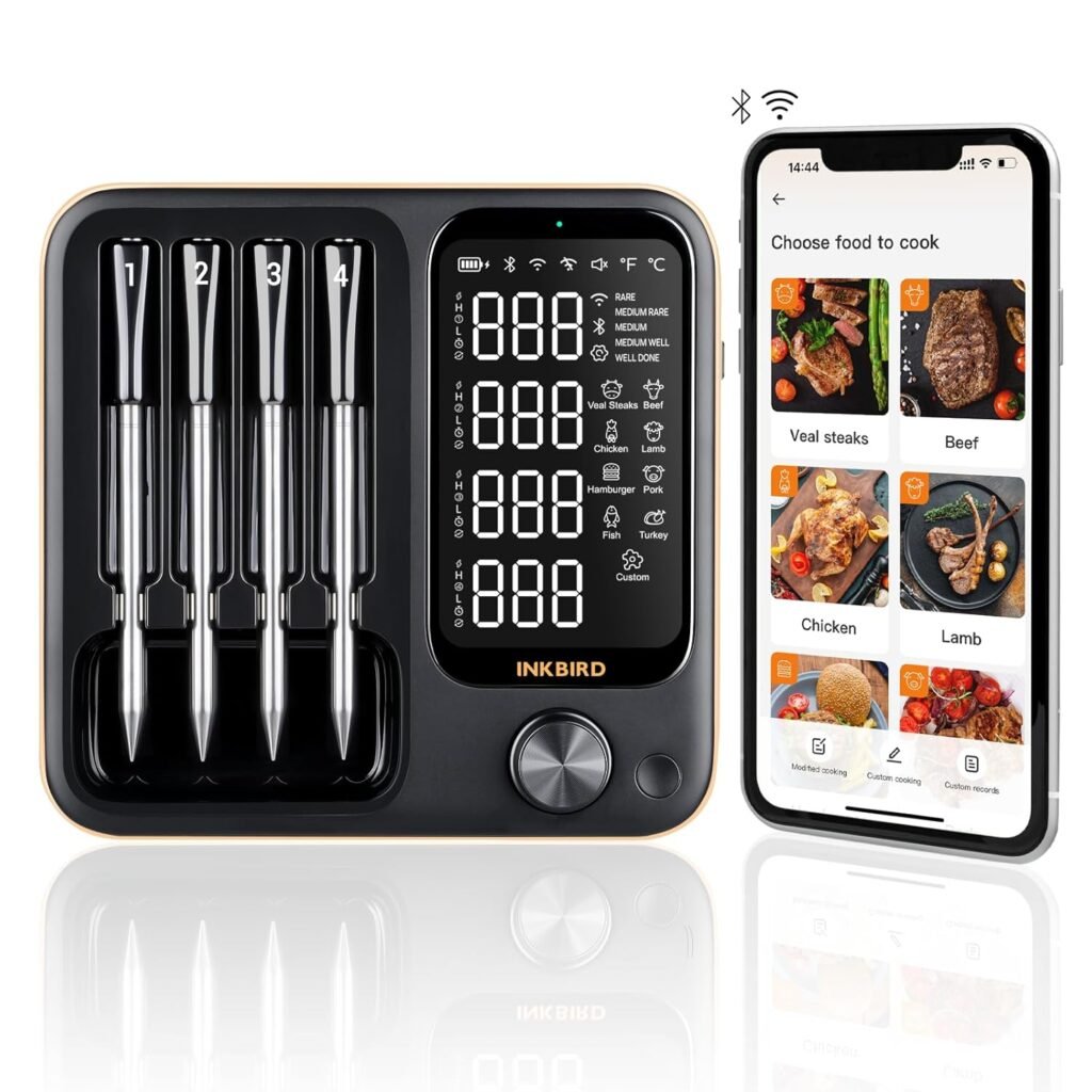Wireless Meat Thermometer with 4 Probes, Inkbird Wifi BluetoothThermometer Digital Wireless for Rotisserie Grill Oven,Unlimited Range Dishwasher Waterproof Bluetooth Meat Thermometer for iOS  Android