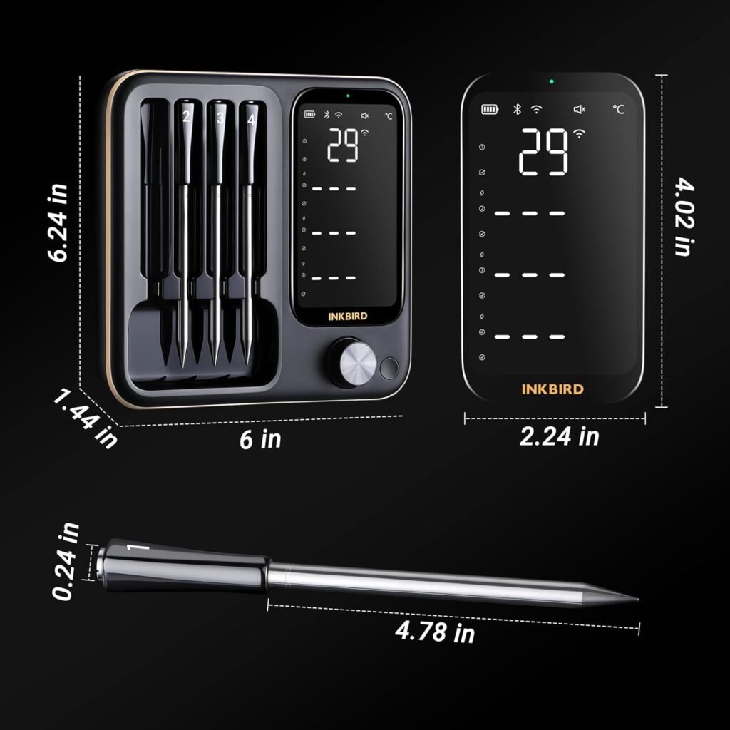 Wireless Meat Thermometer with 4 Probes, Inkbird Wifi BluetoothThermometer Digital Wireless for Rotisserie Grill Oven,Unlimited Range Dishwasher Waterproof Bluetooth Meat Thermometer for iOS  Android