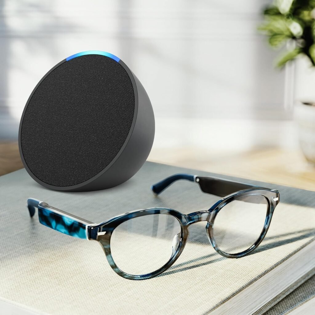 Amazon Echo Frames (3rd Gen) + Echo Pop | Smart glasses with Alexa | Modern Rectangle frames in Charcoal Gray with prescription ready lenses