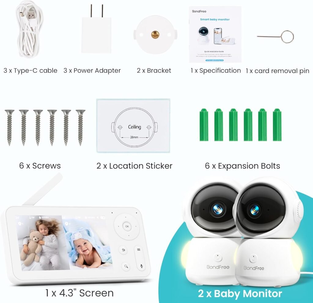 BondFree 2K Baby Monitor with 2 Cameras and Audio, Baby Monitor no WiFi RGB Night Light, Baby Monitor WiFi Smartphone 2.4G for Nursery, Pet, Elderly, 355° Rotation, Compatible with Alexa Google Home