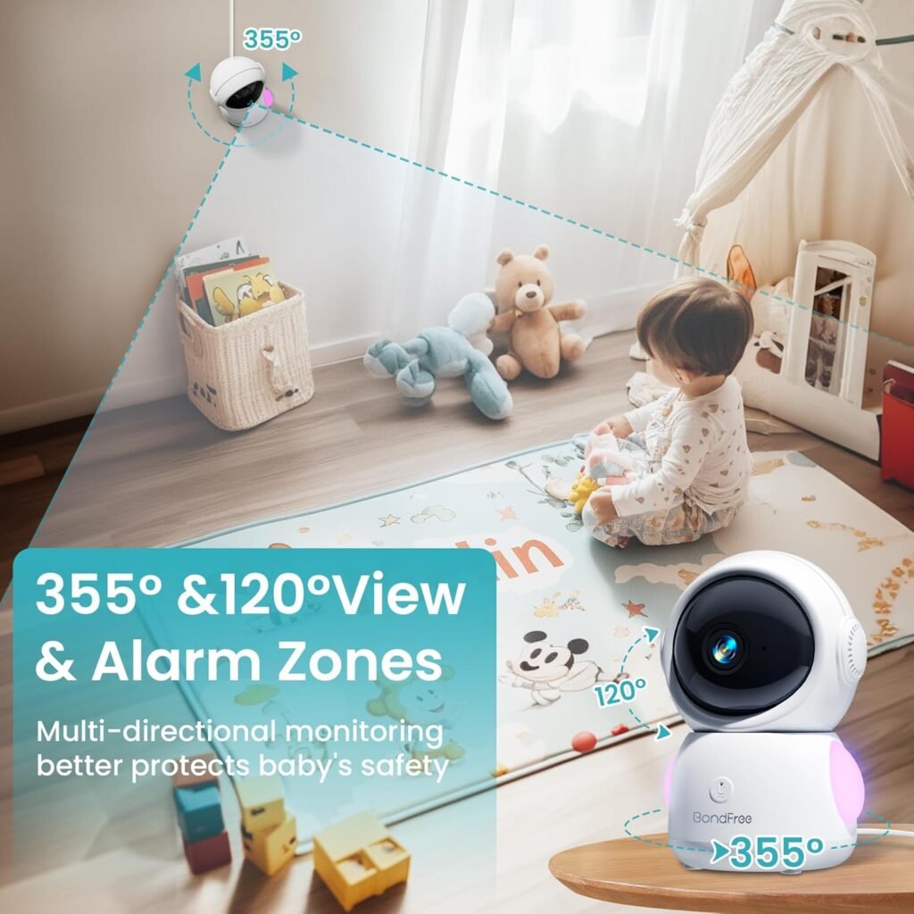 BondFree 2K Baby Monitor with 2 Cameras and Audio, Baby Monitor no WiFi RGB Night Light, Baby Monitor WiFi Smartphone 2.4G for Nursery, Pet, Elderly, 355° Rotation, Compatible with Alexa Google Home