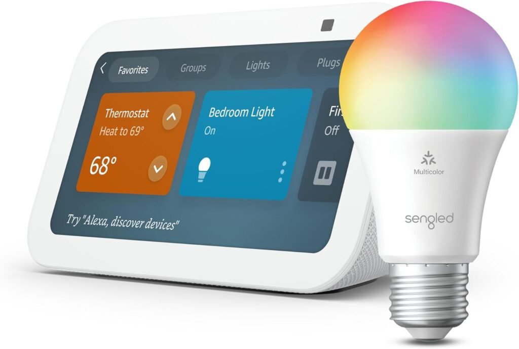 Echo Show 5 (3rd Gen)| Glacier White with Sengled Smart Color Bulb