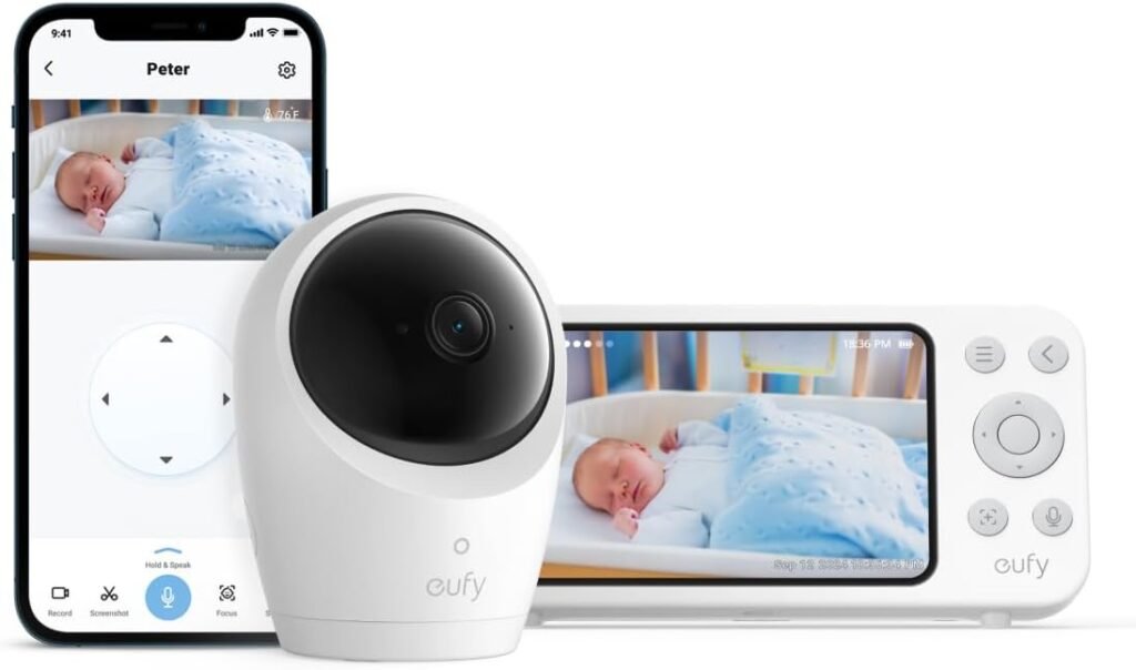 eufy Security Baby Monitor E20 with 2K HD Camera, 5 720p Display, Hybrid Wi-Fi  No Wi-Fi Connection, Pan-Tilt, 4X Zoom, Portable Camera with Built-in Battery, 24/7 Recording in App, ANR