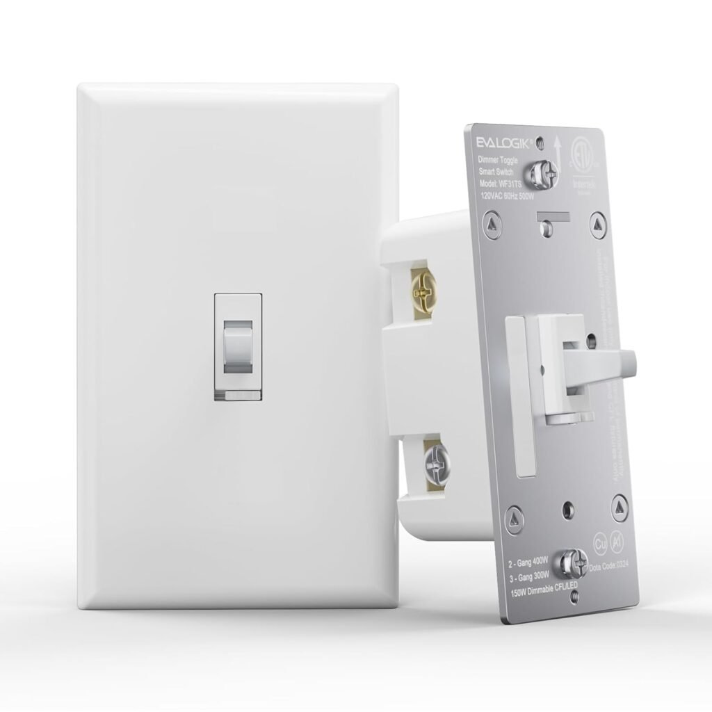 Eva Logik Smart Toggle Light Switch, Single Pole  3 Way, Dimmer, Aluminium Plate, 2.4G WiFi Dimmer Light Switch, Needs Neutral Wire, Works with Alexa/Google Home, No Hub Required, ETL and FCC Listed