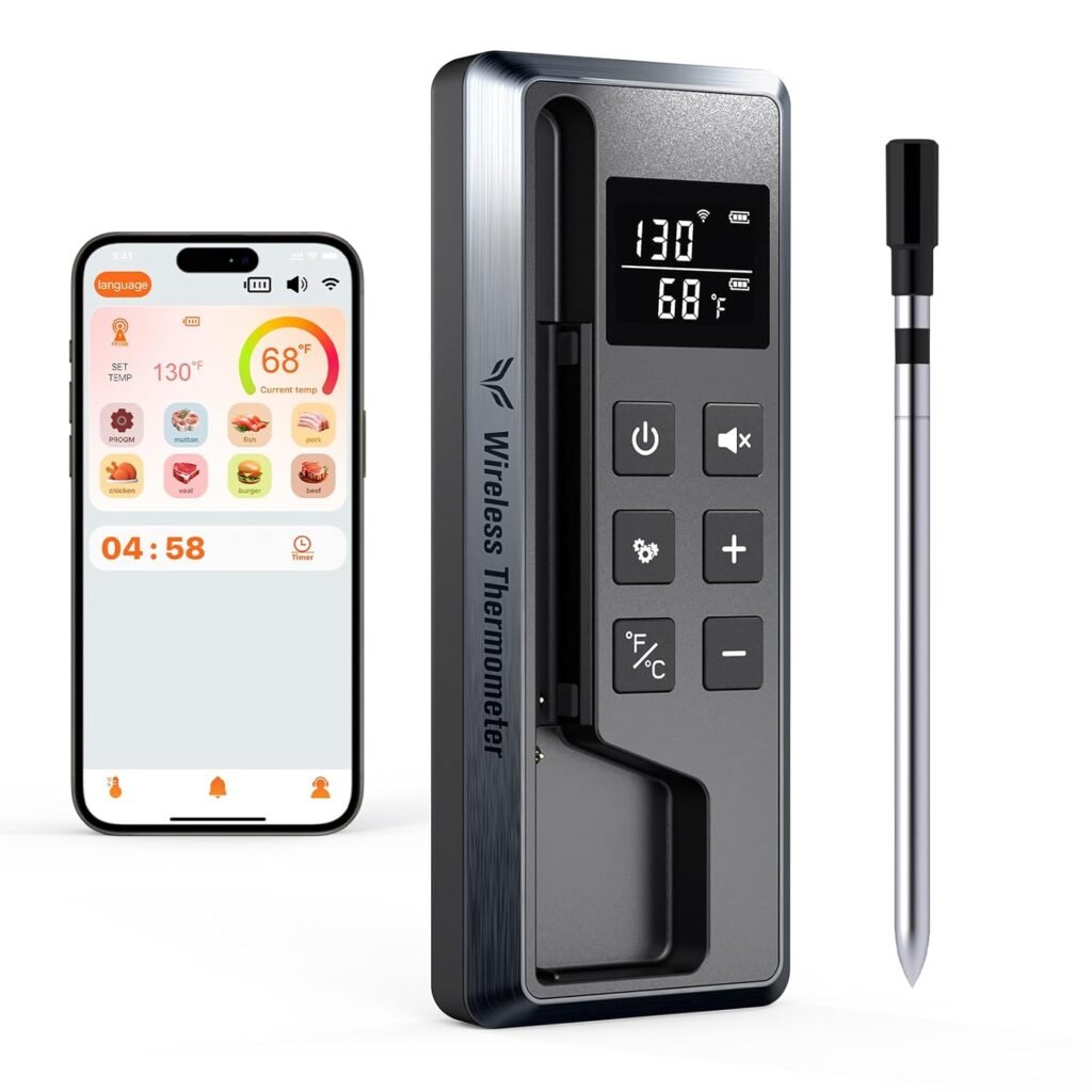 Meat Thermometer Digital Wireless, 800FT Long Range Bluetooth Cooking Thermometer, Food Thermometer for Remote Monitoring of Grill, Oven, Smoker, Air Fryer, Rotisserie, iOS  Android App