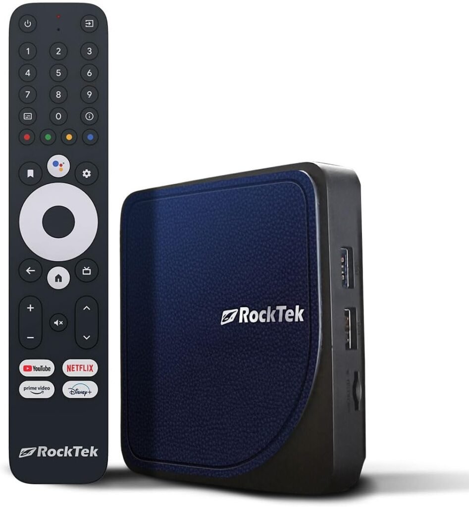 RockTek G2 Android TV 4K Streaming Media Player, Dolby Vision-ATMOS, HDR10+, DTS-X, NVIDIA GeForce Now cloud gaming, Netflix, Prime Video, YouTube, Apple TV+, Hulu, Disney+, and More, Google Assistant