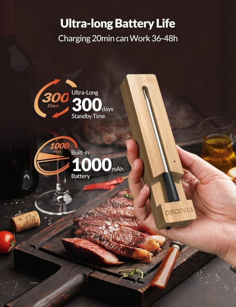 Smart Meat Thermometer, OSCEVIA 2-Probe Bluetooth Food Thermometer with Smart Alert, 262ft Wireless Range, IP67 Waterproof, Magnetic Design for BBQ, Kitchen, Air Fryer, Garden, Oven, Grill, Rotisserie