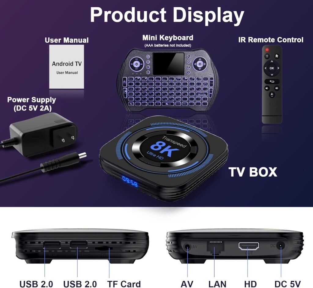 Android TV Box 12.0 4GB 64GB - 8K HDR10 BT5.0 USB 3D Ethernet with Mini Backlit Keyboard