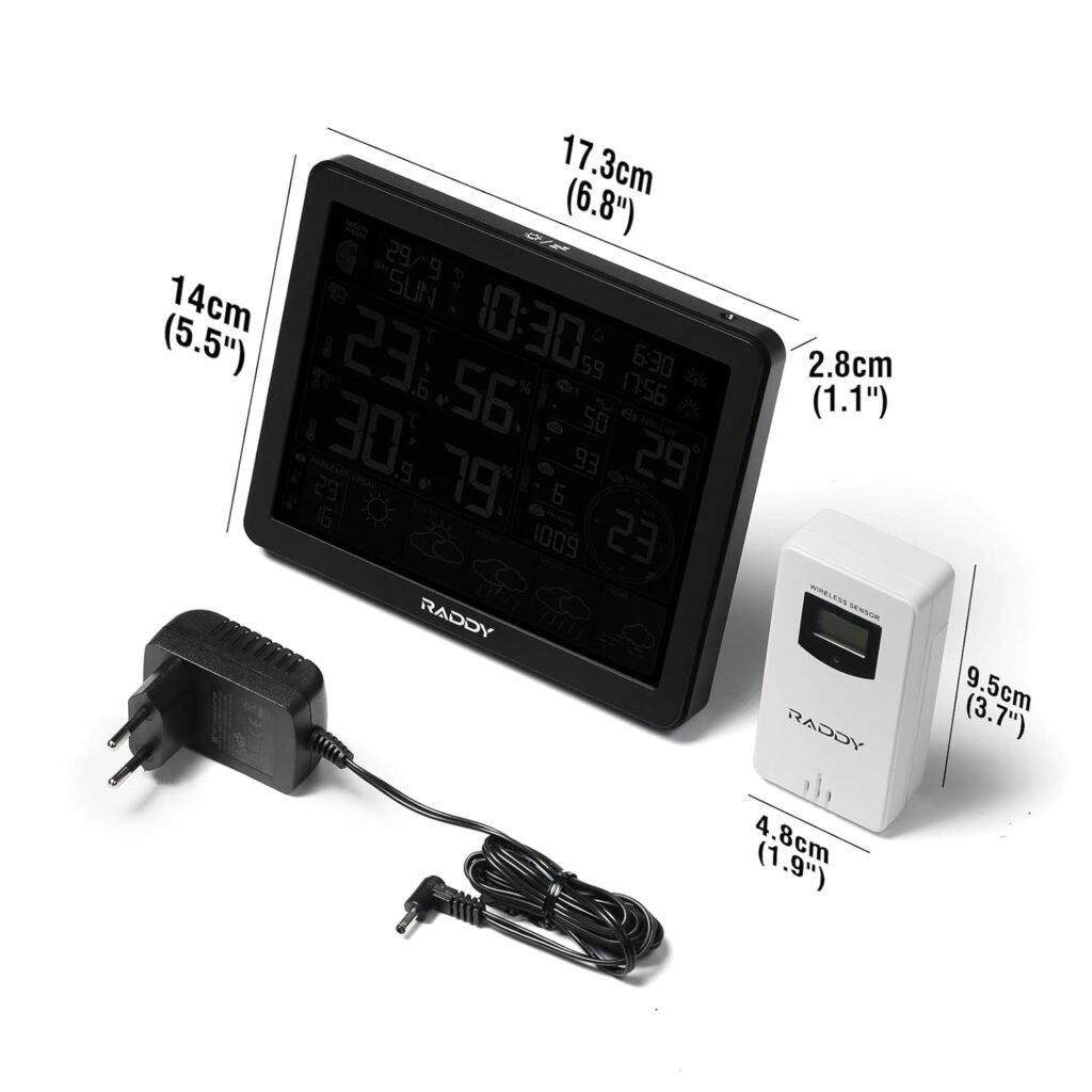 Raddy N80 Smart Wi-Fi Weather Station with APP Control, Indoor Outdoor Thermometer Wireless with 8 Inch Large Display, Sunset/Sunrise Time, PM2.5/AQI, UV Index, 4 Alarm Clock